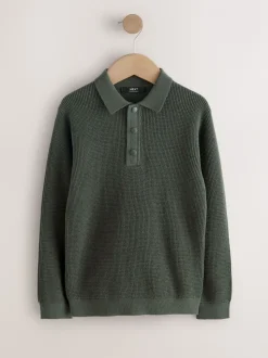 Donkergroen - Poloshirt met textuur en lange mouwen (3-16jr)