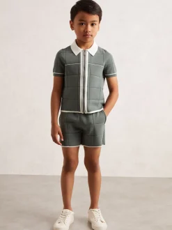 Donkersaliegroen - Reiss Barbor Tipped Knit Stitch-Detail Shorts