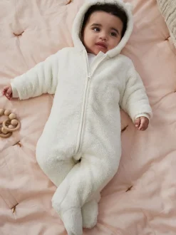 Ecru - All-in-one voor baby's van zachte fleece met capuchon (0mnd-2jr)