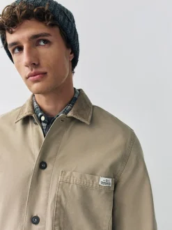 Ecru - Corduroy canvas shacket overshirt met kraag