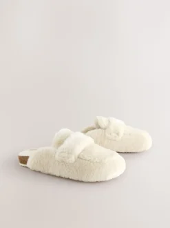 Ecru - Faux Fur Heart Footbed Slippers