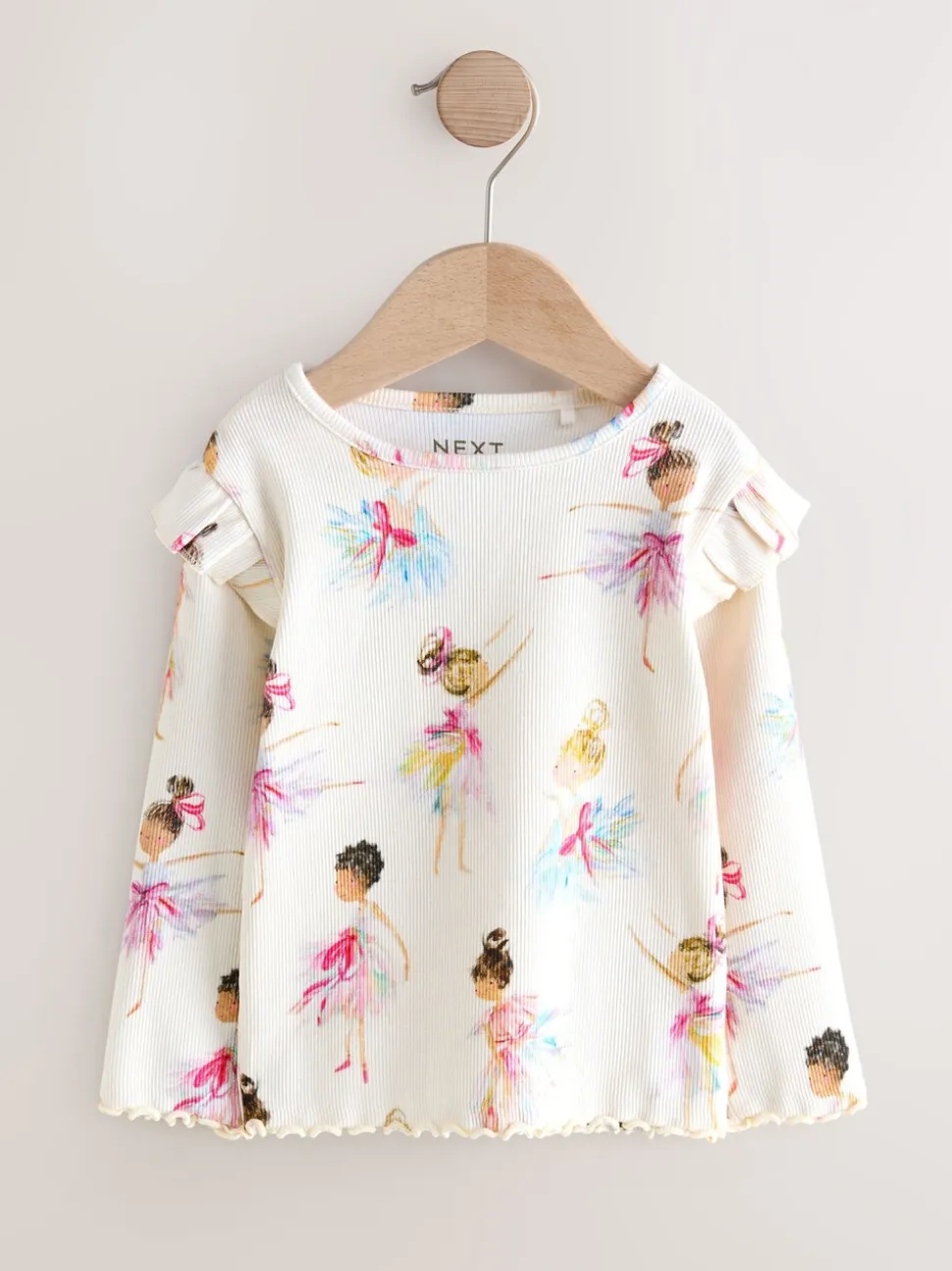 Ecru - Geribbeld T-shirt met ruches en lange mouwen (3mnd-7jr)
