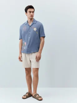 Ecru - Gestreepte short met elastische taille en textuur