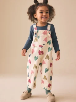 Ecru - Heart Print Dungarees and T-Shirt Set (3mths-7yrs)
