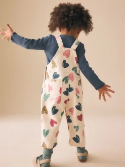 Ecru - Heart Print Dungarees and T-Shirt Set (3mths-7yrs)