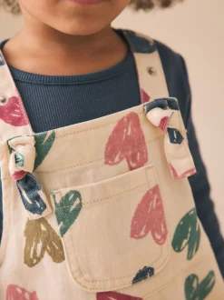 Ecru - Heart Print Dungarees and T-Shirt Set (3mths-7yrs)