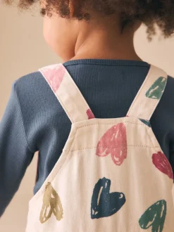 Ecru - Heart Print Dungarees and T-Shirt Set (3mths-7yrs)