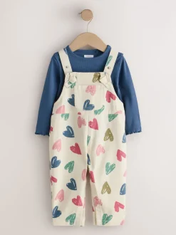Ecru - Heart Print Dungarees and T-Shirt Set (3mths-7yrs)
