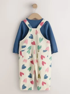 Ecru - Heart Print Dungarees and T-Shirt Set (3mths-7yrs)