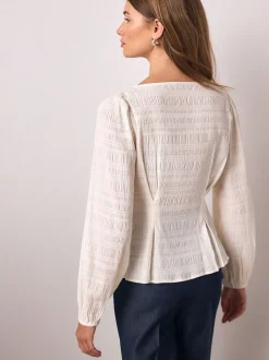 Ecru - Long Sleeve Boatneck Textured Button-Front Blouse
