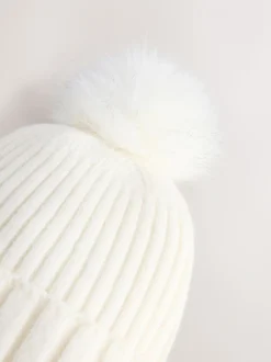 Ecru - Rib Knit Pom Hat
