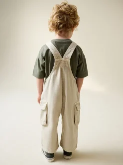 Ecru - Twill Woven Cotton Cargo Dungarees (3mths-7yrs)