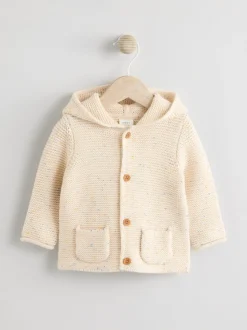 Ecru gemêleerd - Gebreid babyvest met capuchon