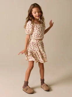 Ecru met aardbei - Puff Sleeve Blouse and Skirt Set (3-16yrs)