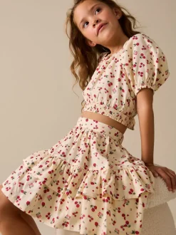 Ecru met aardbei - Puff Sleeve Blouse and Skirt Set (3-16yrs)
