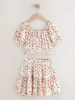 Ecru met aardbei - Puff Sleeve Blouse and Skirt Set (3-16yrs)