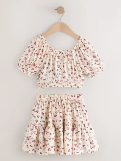 Ecru met aardbei - Puff Sleeve Blouse and Skirt Set (3-16yrs)