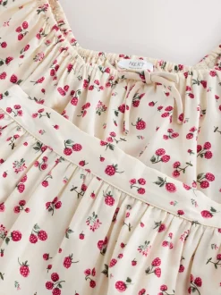 Ecru met aardbei - Puff Sleeve Blouse and Skirt Set (3-16yrs)