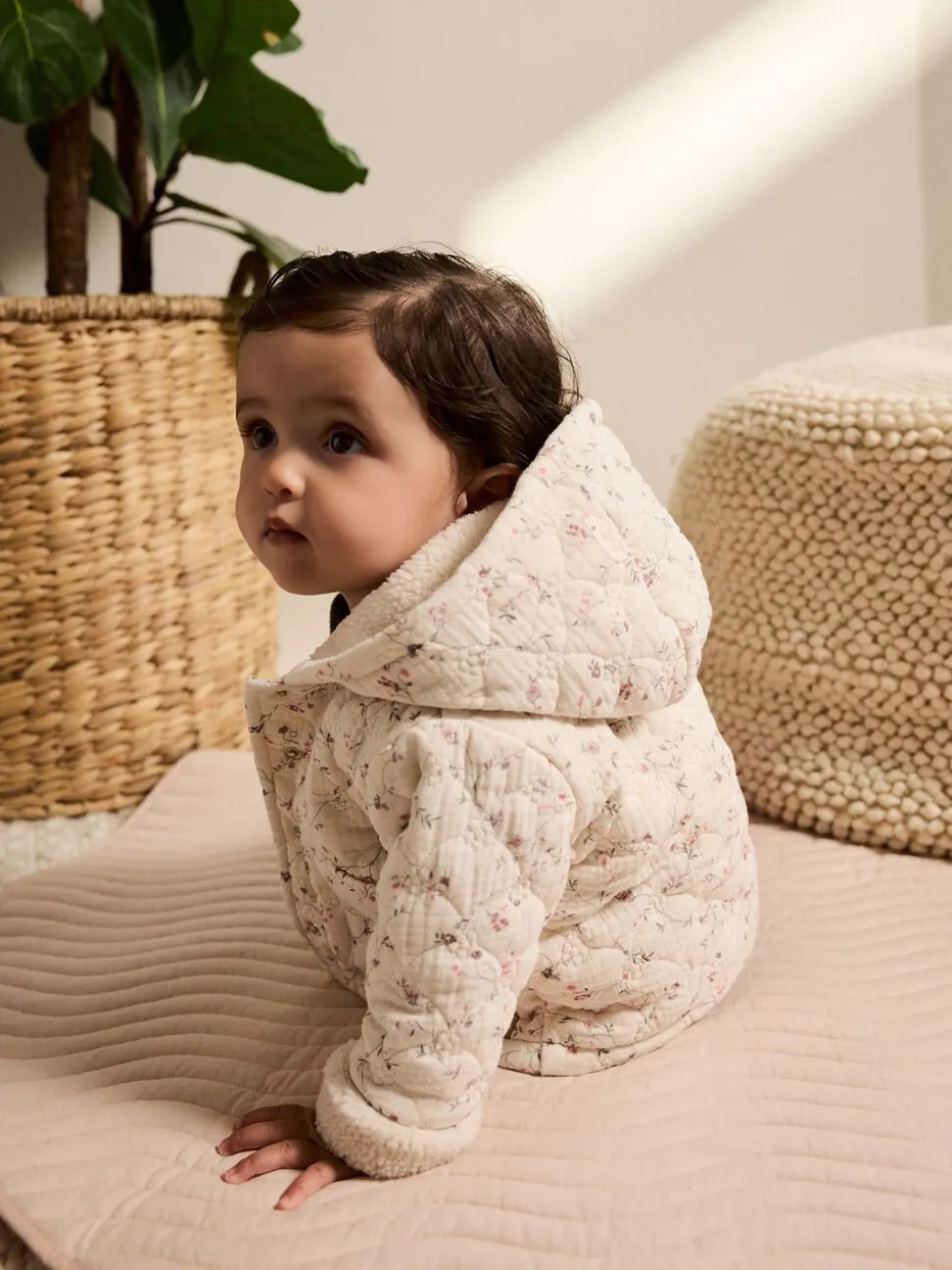 Ecru met bloemenmotief - Baby jas van jersey met kreukeltextuur (0mnd-2jr)