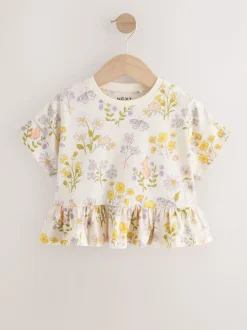 Ecru met bloemenprint - T-shirt met peplum en korte mouwen (3mnd -7jr)