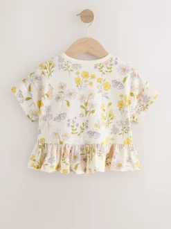 Ecru met bloemenprint - T-shirt met peplum en korte mouwen (3mnd -7jr)