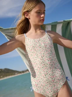 Ecru met fijne bloemenprint - Strappy Ruched Swimsuit (3-16yrs)