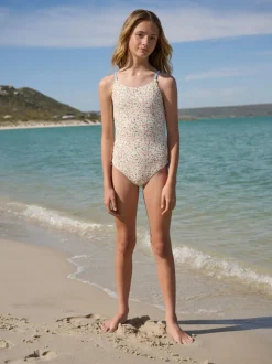 Ecru met fijne bloemenprint - Strappy Ruched Swimsuit (3-16yrs)