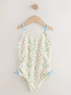 Ecru met fijne bloemenprint - Strappy Ruched Swimsuit (3-16yrs)