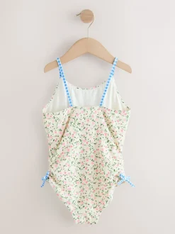 Ecru met fijne bloemenprint - Strappy Ruched Swimsuit (3-16yrs)