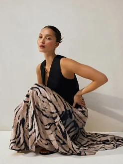 Ecru met zebraprint - Kreukeltextuur Satijn Asymmetrische Midi-rok