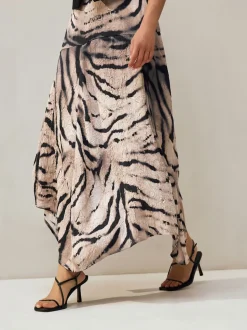 Ecru met zebraprint - Kreukeltextuur Satijn Asymmetrische Midi-rok