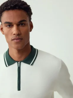 Ecru White/Green - Half met rits - Regular Fit Premium Mid Weight Long Sleeve Knit Polo Shirt