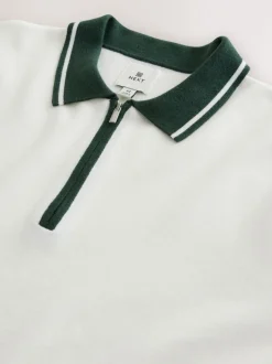 Ecru White/Green - Half met rits - Regular Fit Premium Mid Weight Long Sleeve Knit Polo Shirt