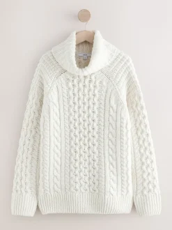 Ecru wit - Roll Neck Cable Longline Jumper with Wool