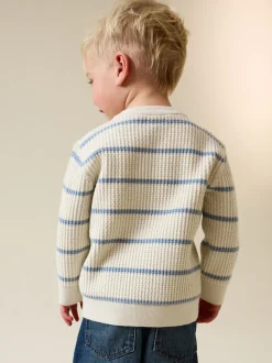 Ecru/blauw - Knitted Stripe Henley Jumper (3mths-7yrs)