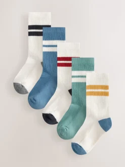 Ecru/Blauw/Mineraal - Set van 5 paar geribbelde sokken met verzacht voetbed, katoengehalte en gekleurde boorden