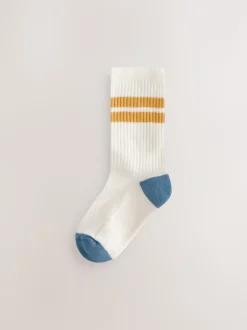Ecru/Blauw/Mineraal - Set van 5 paar geribbelde sokken met verzacht voetbed, katoengehalte en gekleurde boorden