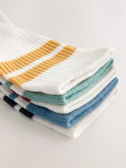 Ecru/Blauw/Mineraal - Set van 5 paar geribbelde sokken met verzacht voetbed, katoengehalte en gekleurde boorden