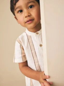 Ecru/bruin - Short Sleeve Grandad Collar Textured Stripe Shirt (3mths-7yrs)