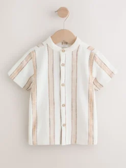 Ecru/bruin - Short Sleeve Grandad Collar Textured Stripe Shirt (3mths-7yrs)