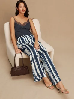 Ecru/marineblauw - Satin Crinkle Wide Leg Trousers