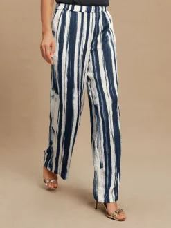 Ecru/marineblauw - Satin Crinkle Wide Leg Trousers