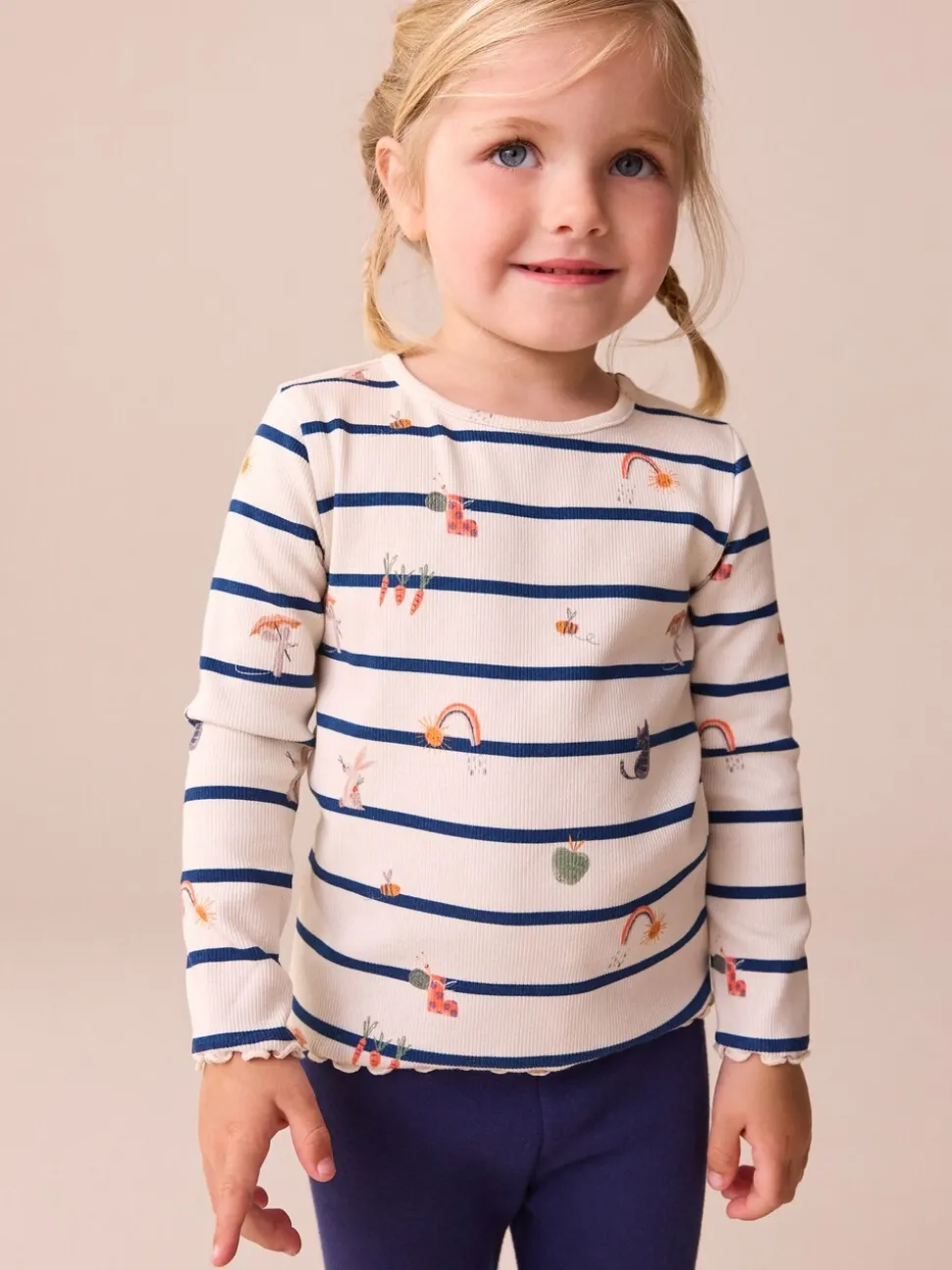 Ecru/Marineblauw gestreept Character - Geribbeld T-shirt met lange mouwen (3mnd-7jr)