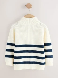 Ecru/marineblauw gestreept - Gebreide trui met kwartrits (3mnd-7jr)