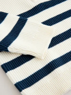 Ecru/marineblauw gestreept - Gebreide trui met kwartrits (3mnd-7jr)