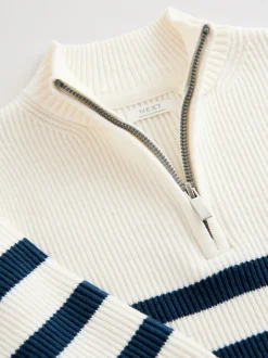 Ecru/marineblauw gestreept - Gebreide trui met kwartrits (3mnd-7jr)