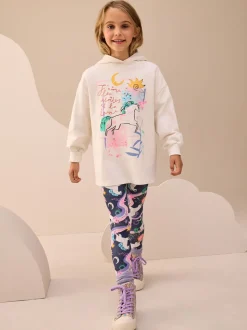 Ecru/marineblauw met eenhoorn - Set van hoodie en legging met grafische print (3-16jr)