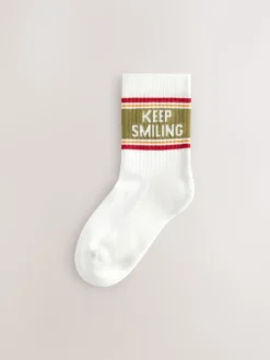 Ecru/mosterd/rood retro slogan - Verpakking van 5 paar Character sokken met hoog katoengehalte