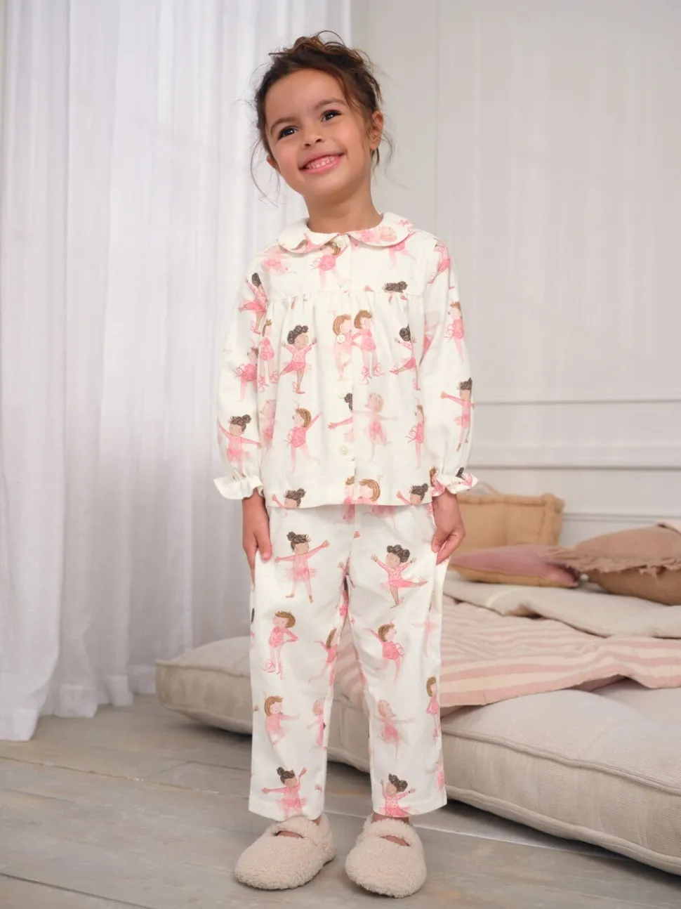 Ecru/roze ballerina - Geweven pyjama met knopen (9 mnd-10 jr)