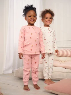 Ecru/Roze Harten - Set van 2 wafelpyjama's (9mnd-12jr)